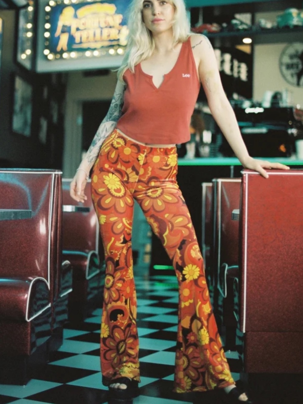 Flare Street Floral Velvet Pants Rust Yellow Terra Nova Golden Daze Juniper M